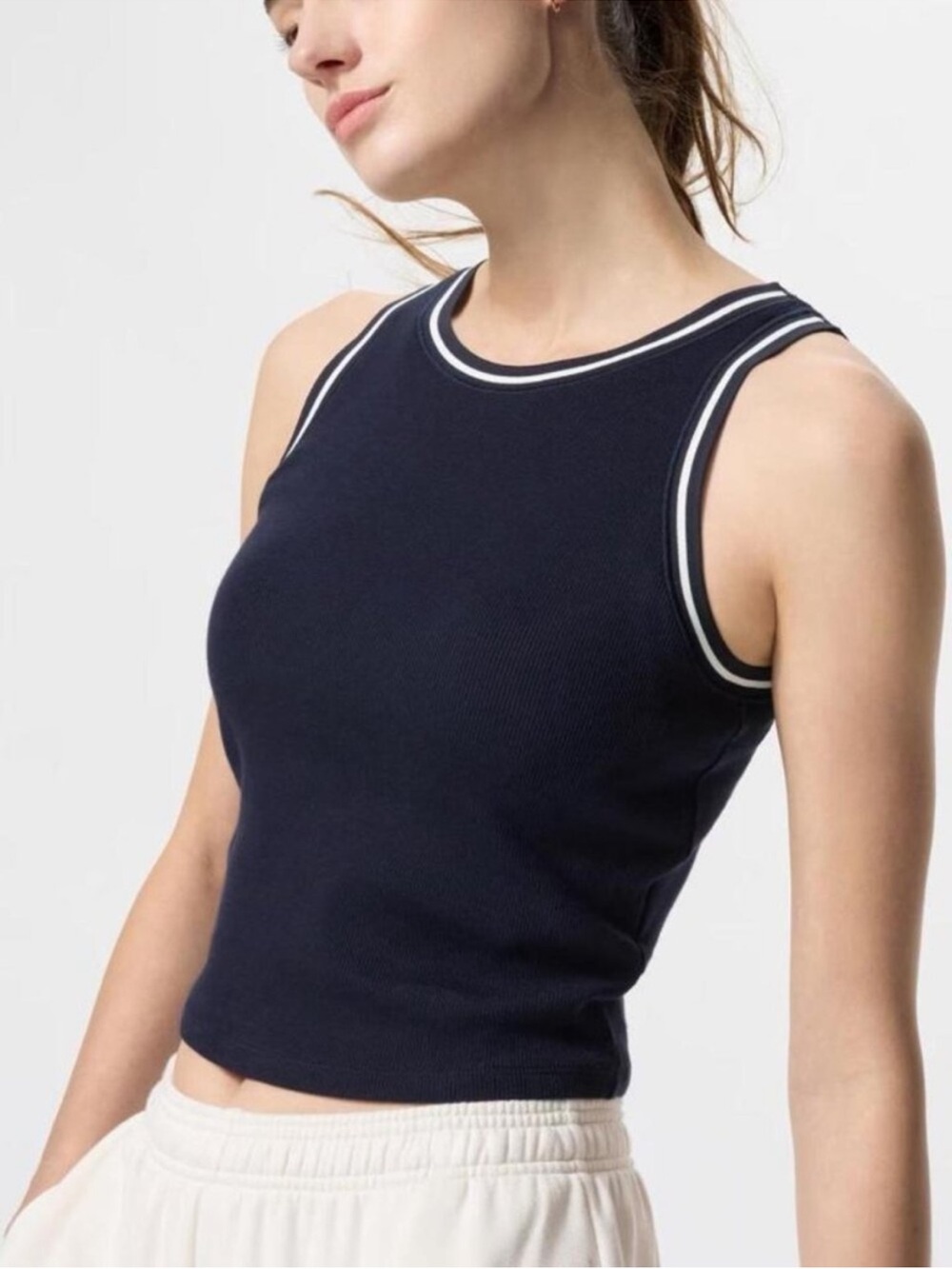 Uniqlo Ribbed Cropped Bra Top, Navy/White, L